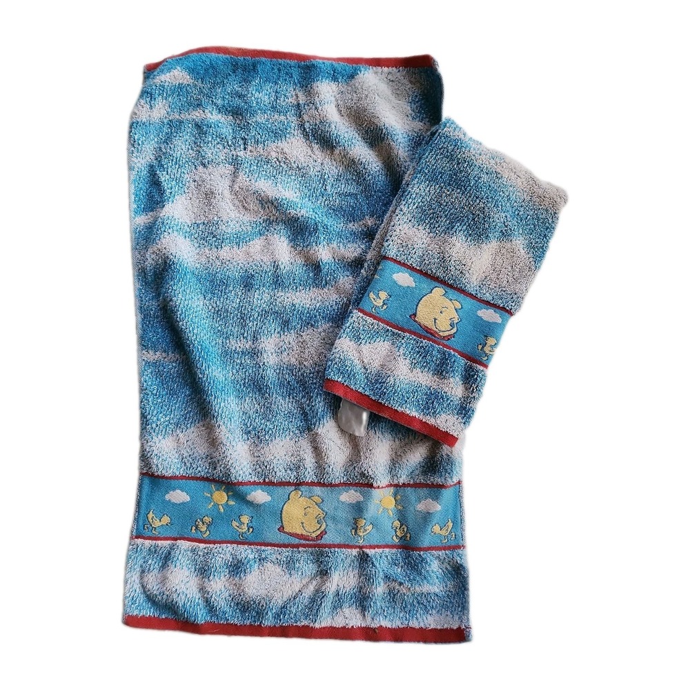 2/Vintage DISNEY Winnie the POOH Hand Towels w/Baby Ducks Clouds Blue Yellow Red